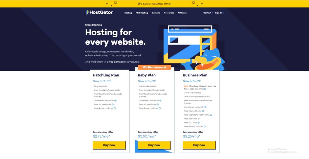 image showing HostGator's different plans including the hatchling plan at $2.75/month
